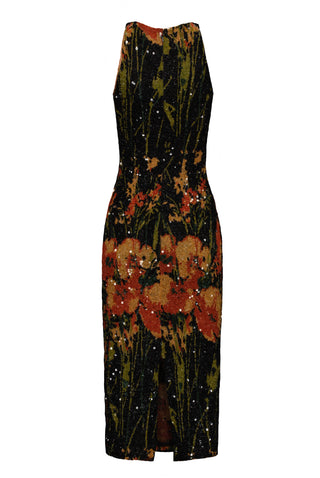 HALTER HAND-BEADED FLOWER STRETCH COCKTAIL DRESS