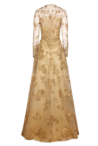 EMBROIDERY GOLD ILLUSION NECKLINE LONG SLEEVE GOWN