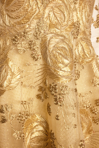 EMBROIDERY GOLD ILLUSION NECKLINE LONG SLEEVE GOWN