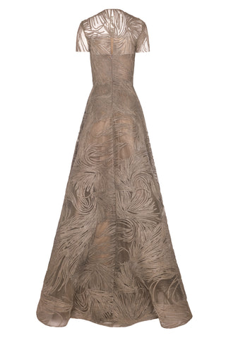 SHORT SLEEVE ILLUSION NECKLINE RAFFIA GOWN