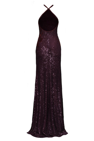 HALTER STRETCH SEQUIN GOWN WITH HAND-BEADED FLOWERS