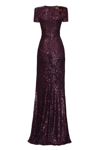 CREWNECK SHORT SLEEVE STRETCH SEQUIN GOWN WITH HAND-BEADED FLOWERS