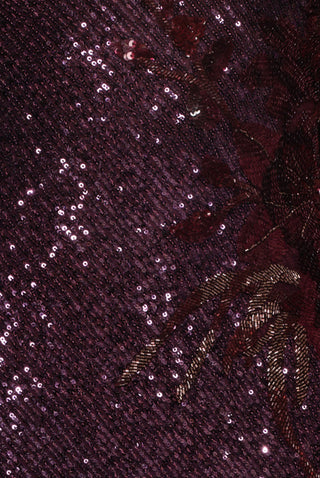CREWNECK SHORT SLEEVE STRETCH SEQUIN GOWN WITH HAND-BEADED FLOWERS
