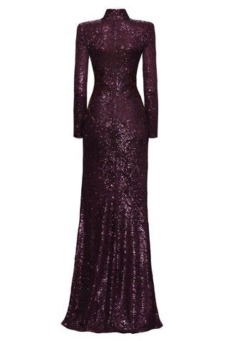 HIGH NECK LONG SLEEVE STRETCH SEQUIN GOWN WITH HAND-BEADED FLOWERS