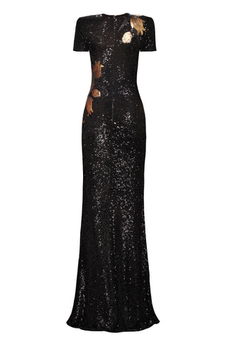 SHORT SLEEVE STRETCH SEQUIN GOWN WITH FLOWER APPLIQUE