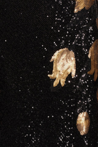 SHORT SLEEVE STRETCH SEQUIN GOWN WITH FLOWER APPLIQUE
