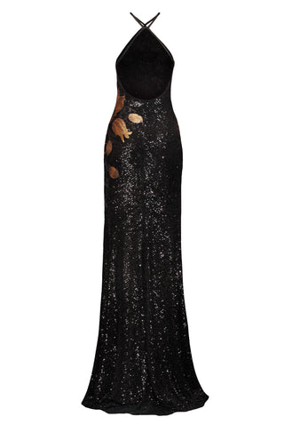 HALTER STRETCH SEQUIN GOWN WITH FLOWER APPLIQUE