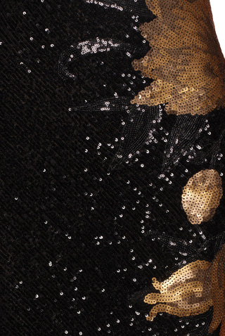 HALTER STRETCH SEQUIN GOWN WITH FLOWER APPLIQUE