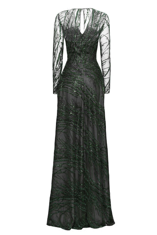 V-NECK LONG SLEEVE BEADED GOWN