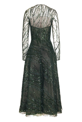 ILLUSION NECKLINE LONG SLEEVE BEADED COCKTAIL DRESS