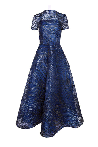 METALLIC RAFFIA SHORT SLEEVE ILLUSION NECKLINE DRESS