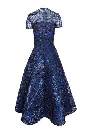 METALLIC RAFFIA SHORT SLEEVE ILLUSION NECKLINE DRESS