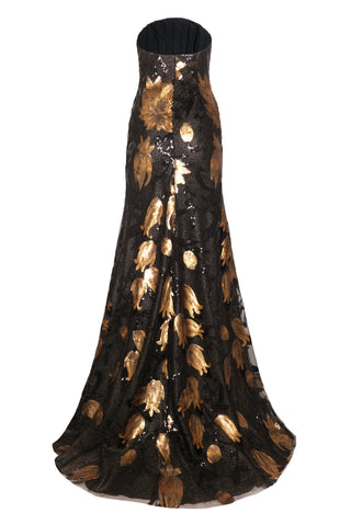 STRAPLESS SEQUIN LACE GOWN