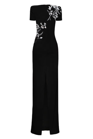 SHORT SLEEVE CREPE GOWN WITH HAND-BEADED EMBROIDERY