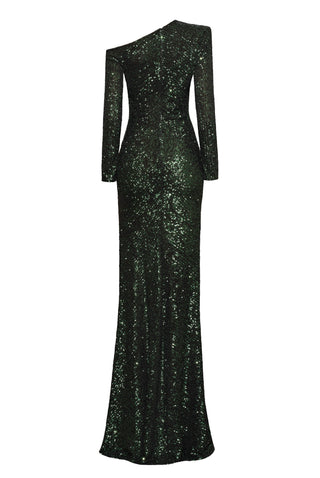 ONE SHOULDER DRAPED STRETCH SEQUIN GOWN