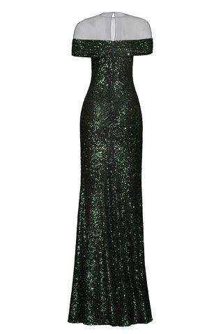 OFF-SHOULDER ILLUSION NECKLINE STRETCH SEQUIN GOWN