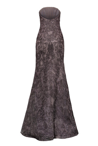 STRAPLESS METALLIC RAFFIA FIT-AND-FLARE GOWN