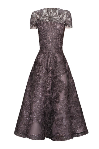 SHORT SLEEVE METALLIC RAFFIA COCKTAIL DRESS