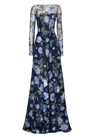 FLOWER LACE ILLUSION NECKLINE LONG SLEEVE GOWN