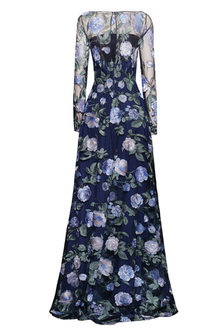 FLOWER LACE ILLUSION NECKLINE LONG SLEEVE GOWN