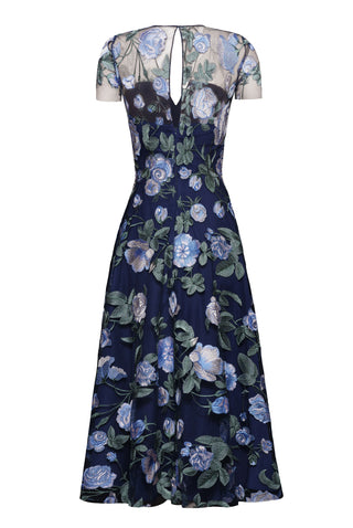 SHORT SLEEVE FLOWER LACE V-NECK COCKTAIL DRESS
