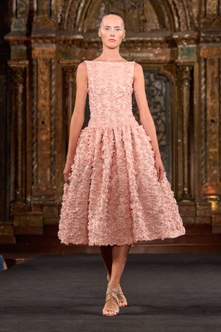 BOAT NECK DROP WAIST GATHERED TEA-LENGTH DRESS