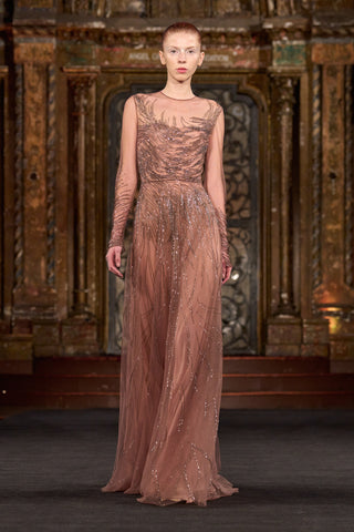 ABSTRACT BEADED LONG SLEEVE GOWN