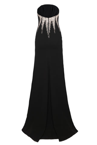 CRYSTAL EMBELLISHED CREPE STRAPLESS FIT-AND-FLARE GOWN