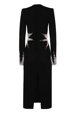 CRYSTAL EMBELLISHED CREPE LONG SLEEVE DRESS