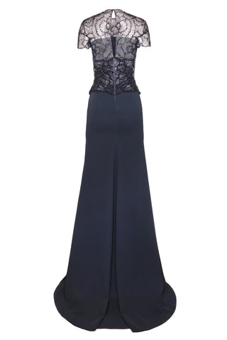 BEADED BODICE CAP SLEEVE FIT-AND-FLARE CREPE GOWN