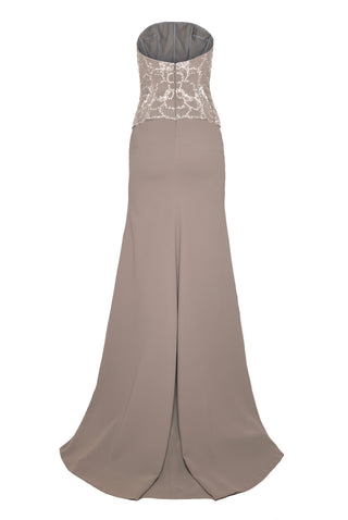 BEADED STRAPLESS BODICE FIT-AND-FLARE CREPE GOWN