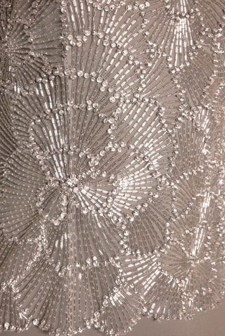 BEADED STRAPLESS BODICE FIT-AND-FLARE CREPE GOWN