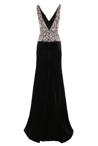 BEADED V-NECK BODICE FIT-AND-FLARE VELVET GOWN