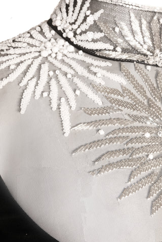 EMBELLISHED NECKLINE CAP SLEEVE FIT-AND-FLARE CREPE GOWN