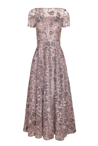 metallic tea length dress METALLIC LACE BOATNECK TEA-LENGTH DRESS