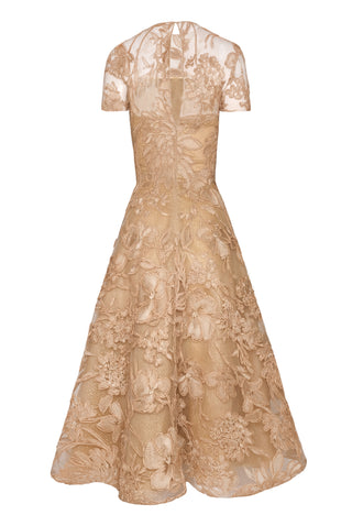 FLORAL RAFFIA CAP SLEEVE TEA-LENGTH DRESS