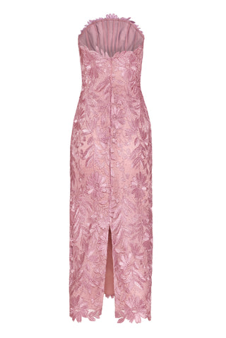 METALLIC LACE STRAPLESS TEA-LENGTH DRESS