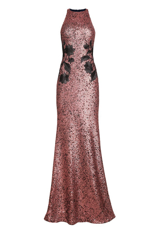 FLORAL APPLIQUE STRETCH SEQUIN HALTER NECK GOWN Naeem Khan FLORAL APPLIQUE STRETCH SEQUIN HALTER NECK GOWN Naeem Khan