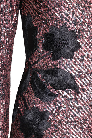 FLORAL APPLIQUE LONG SLEEVE STRETCH SEQUIN DRESS
