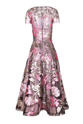 SEQUIN FLORAL SHORT SLEEVE TEA LENGTH DRESS