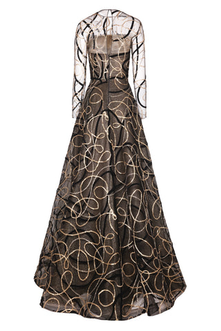METALLIC RAFFIA JEWEL NECK LONG SLEEVE GOWN