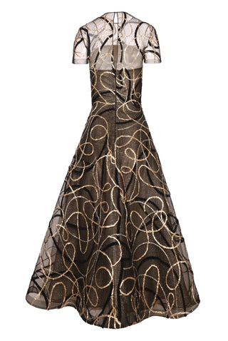 METALLIC RAFFIA CAP SLEEVE TEA-LENGTH DRESS
