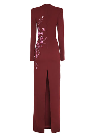 CREPE FLORAL APPLIQUE LONG SLEEVE COLUMN GOWN