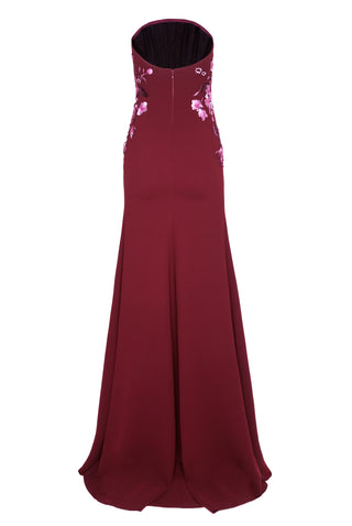 CREPE FLORAL APPLIQUE STRAPLESS FIT-AND-FLARE GOWN