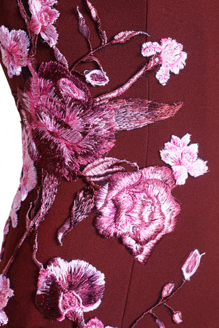 CREPE FLORAL APPLIQUE STRAPLESS FIT-AND-FLARE GOWN