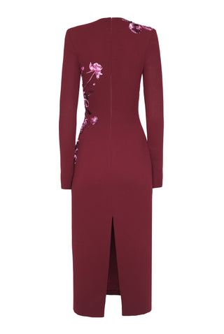 CREPE FLORAL APPLIQUE LONG SLEEVE TEA-LENGTH DRESS