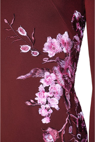 CREPE FLORAL APPLIQUE LONG SLEEVE TEA-LENGTH DRESS