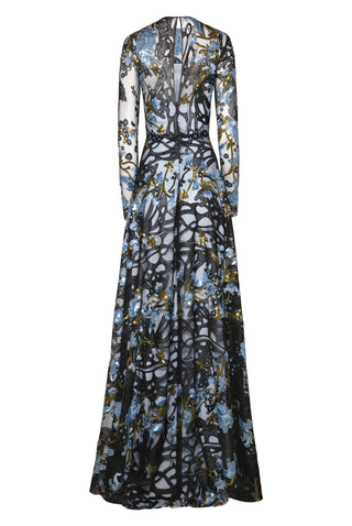 ABSTRACT SEQUIN LACE FLORAL LONG SLEEVE GOWN