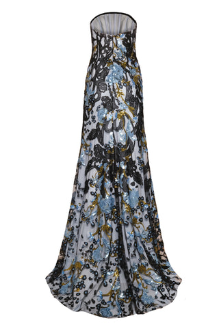 ABSTRACT SEQUIN LACE FLORAL STRAPLESS FIT-AND-FLARE GOWN
