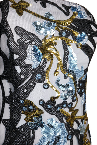 ABSTRACT SEQUIN LACE FLORAL STRAPLESS FIT-AND-FLARE GOWN